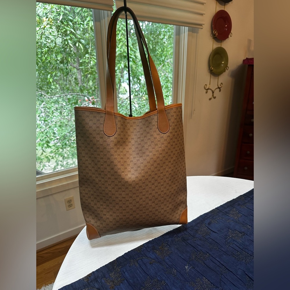 Gucci Tan Leather and Coated Canvas Sherry Line Micro GG Large Tote Bag - Picture 2 of 13